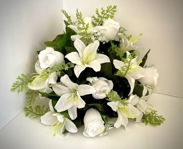 Silk Flower Memorial grave Pot Weighted  White Rose Lilies Flower glued in place