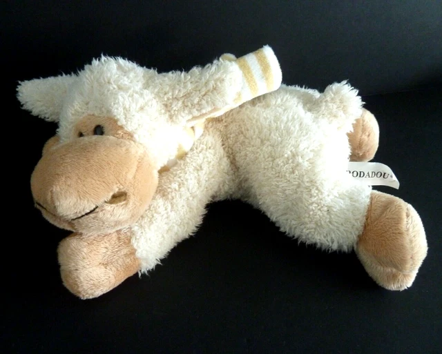 J9. DOUDOU PELUCHE RODA RODADOU MOUTON écharpe rayé beige blanc 25cm - TTBE