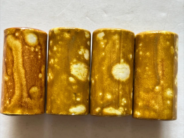 Vintage Macrame Beads 4 Ceramic Tan/Cream Drip1.75” Barrel Long Retro 70s Glaze