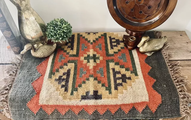 Vintage Hand Woven Kilim Rug, Tapestry, Door Mat, Accent Piece 30” X 22.5” Boho