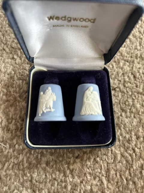 Pair Of Vintage Wedgwood Christmas Blue Jasper Ware Thimbles, Perfect