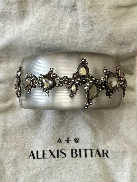 Alexis Bittar Warm Gray Lucite Chunky Hinged Bangle Bracelet Crystal Encrusted