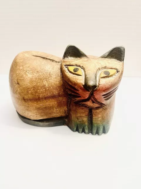 Pier 1 Vintage Wooden Laying Down Cat Figurine Statue Ornament Folk Art