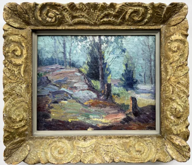 Early 20th c. Impressionist landscape Forest Clearing, Arts & Crafts frame