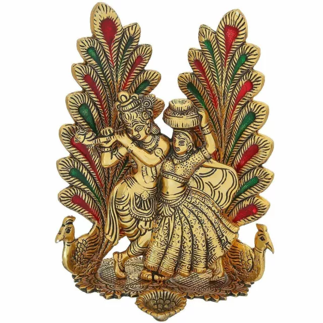 Indian Traditional Radha Krishna Idol Statue With Diya Peacock Design Home Decor