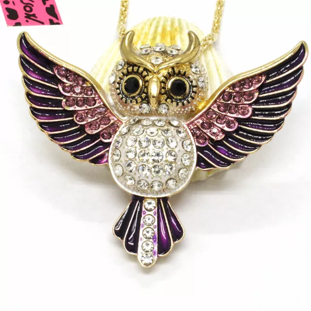 Hot Fashion Lady Purple Enamel Cute Owl Bird Crystal Pendant Women Necklace