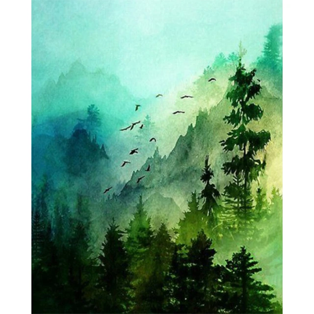 Kit artesanal de pintura al óleo por números bosque de montaña sin marco para sala de estar