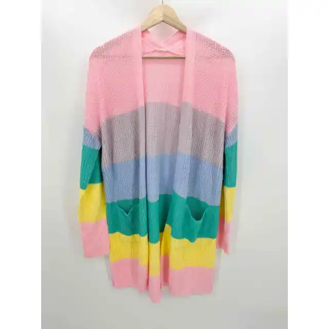 Rainbow Stripe Long Sleeve Open Front Knit Cardigan Sweater Women's Size Small S