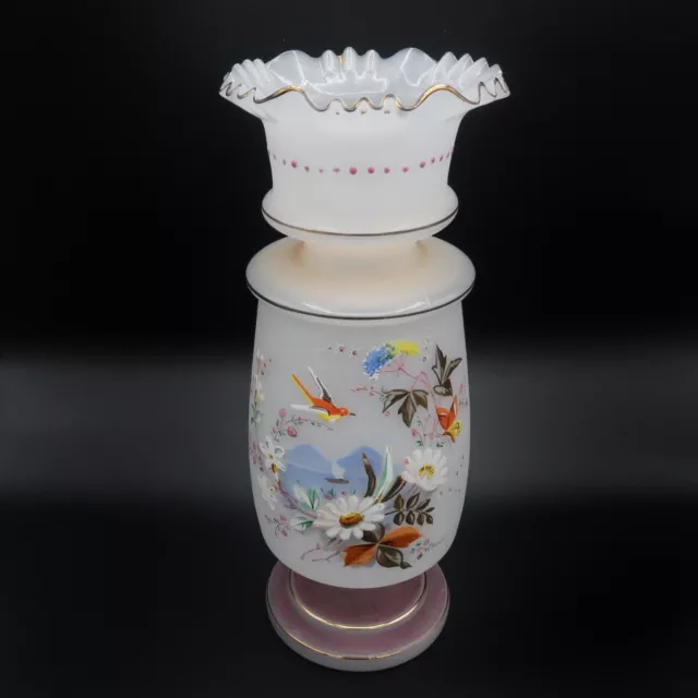Antique Bristol Victorian Blown Glass Footed Vase Hand Painted Bird Floral 10.5”
