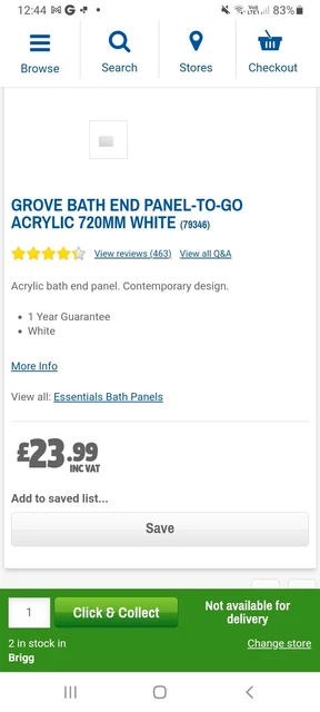 Panel De Extremo De Baño Grove Acrílico 720Mm Blanco (Para Bañeras De 750Mm De Ancho)