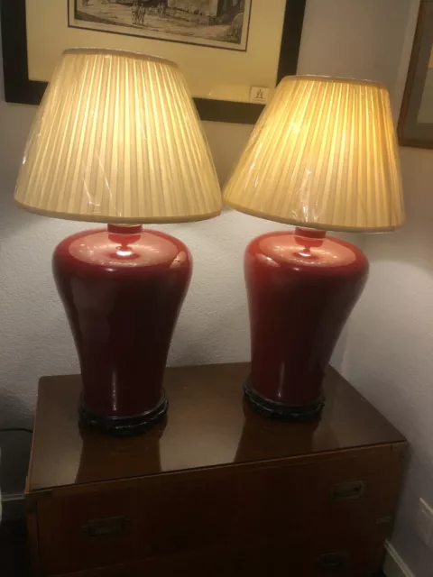 Elegant Pair Large Antique Chinese Sang de Boeuf Glaze Vase Table Lamps c1920