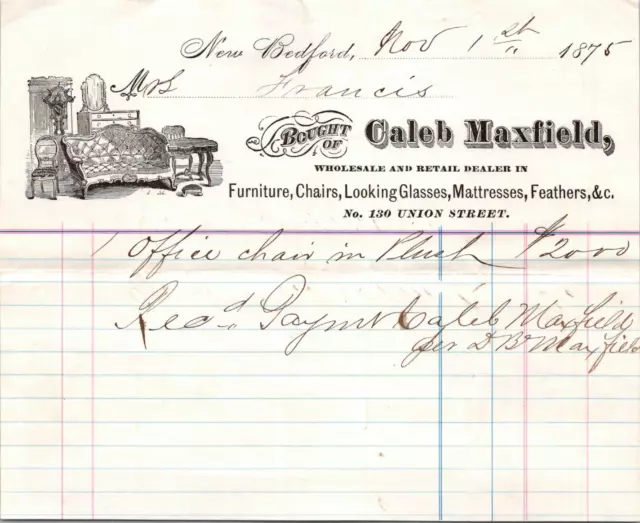 Caleb Maxfield furniture store New Bedford MA 1875 invoice illustrated