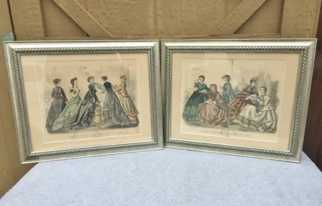 Antique Godey's Fashion Plate Litho Print 1860 Framed Pair Hand Colored 16"x13"