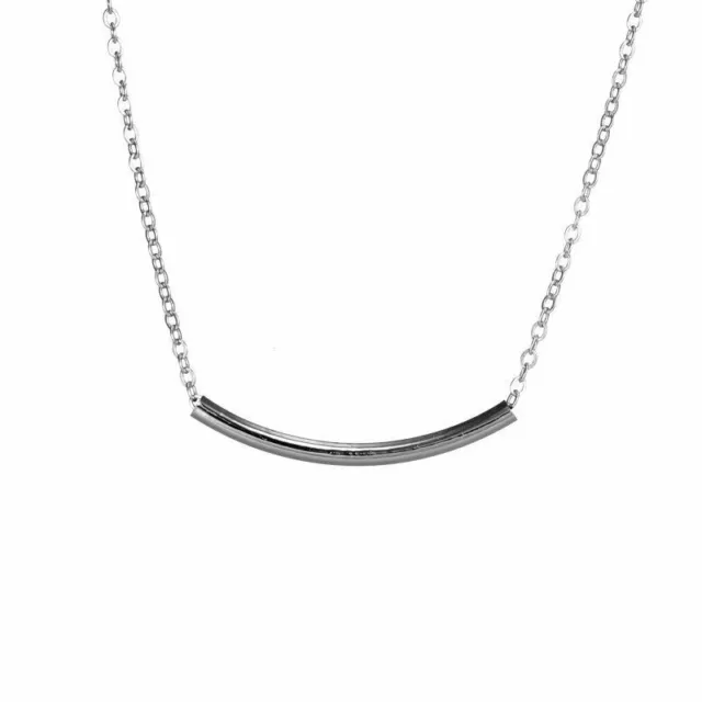 Plated Silver Simple Curved Tube Bar Pendant Chain Necklace Women Jewelry