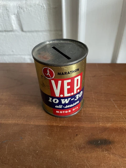 Vintage 1950's Marathon V.E.P. Motor Oil Tin Can Coin Bank