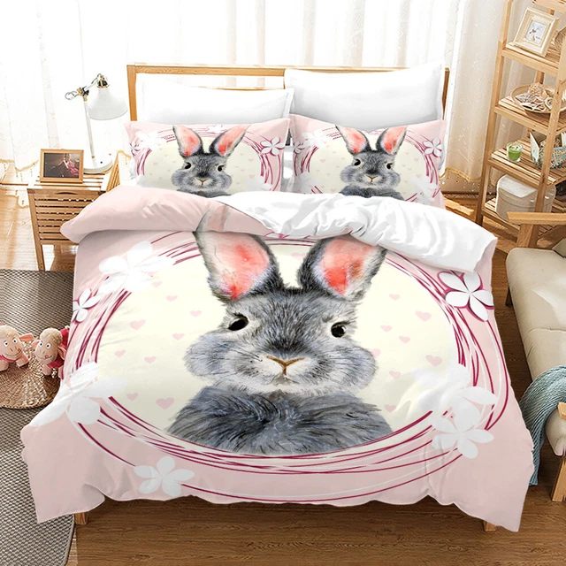 3D Easter Bunny Rabbit Quilt Cover Pillowcase Bedding Set Duvet Cover Set King