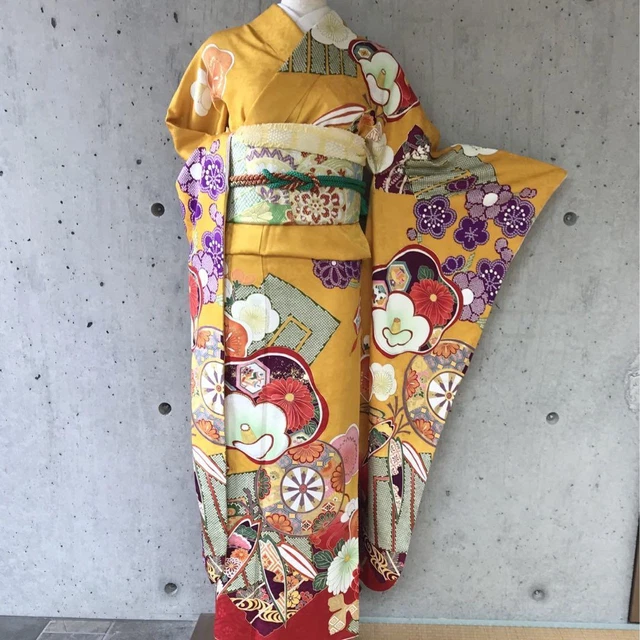 Japanese Semi-formal Kimono Houmongi Pure Silk Shibori 171cm Floral Mustard