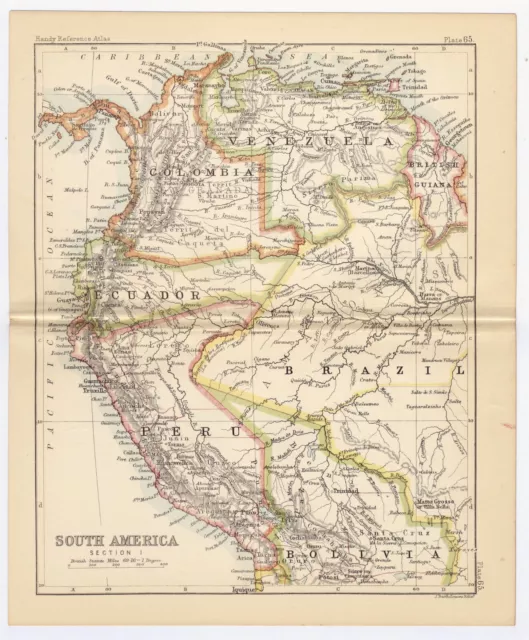 1888 Original Antique Map Of Colombia Ecuador Peru Venezuela / South America