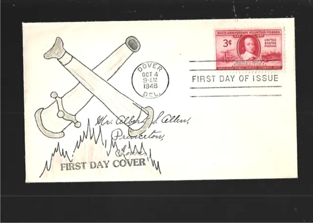 Us Fdc First Day Cover # 971 Volunteer Firemen 1948 Hand Painted