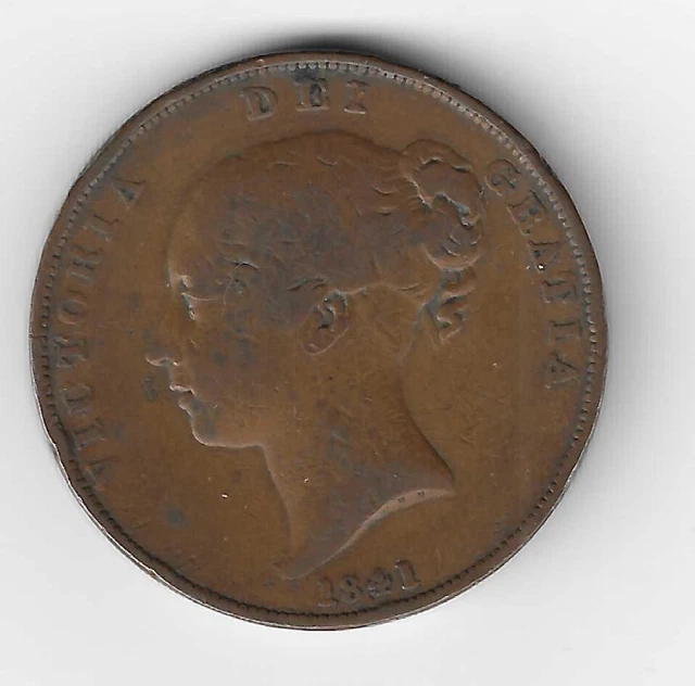 Queen Victoria Young Head 1841 OT Coinage Copper Penny 1d Coin No Colon