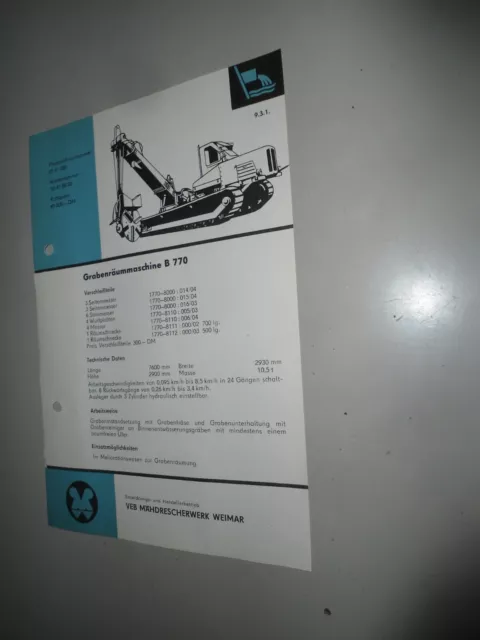 Datenblatt Prospekt Landwirtschaft DDR Grabenräummaschine B 770