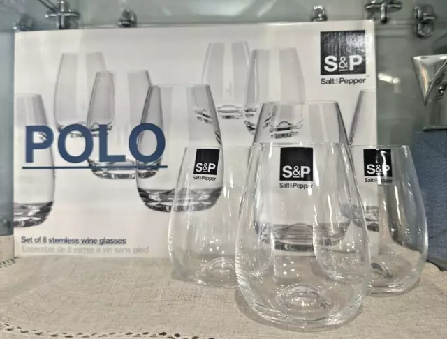 STEMLESS WINE GLASSES  POLO  460ml  SET OF 8  S&P   (Salt&Pepper)  NOW  $49.95 3