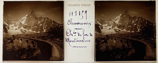 CHAMONIX CHEMIN DE FER PLAQUE VERRE 45x107 VUE STEREOSCOPIQUE VERASCOPE RICHARD