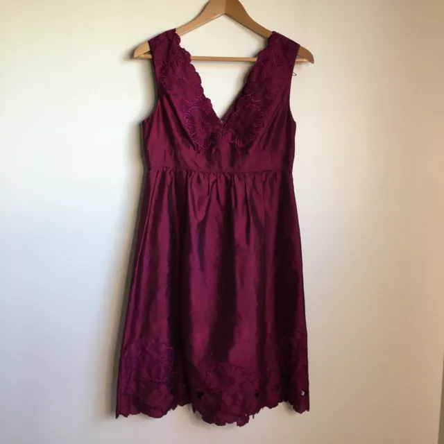 Adrianna Papell Lace Trim Floral Embroidered A-Line Dress Maroon Womens Size 10