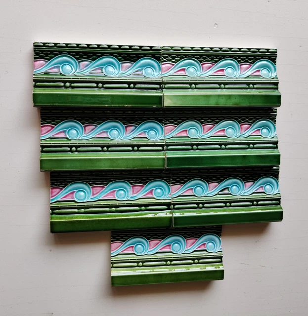 Vintage Unused Architecture Tile Embossed Majolica Nouveau Art Japan 7Pc CT55 3