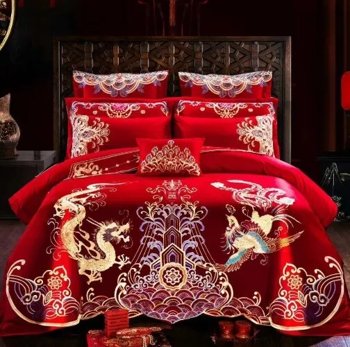 Luxury Loong Phoenix Embroidery Red Duvet Cover Bed sheet Chinese Style Wedding 2
