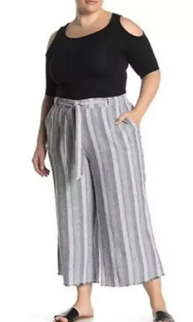 CASLON Black & White Stripe Linen Rayon Wide Leg Crop Pants Raw Hem Tie Waist XL