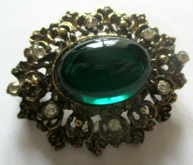 Broche Vintage Or Cristaux Cabochon émeraude - Bijou Fantaisie, état Parfait