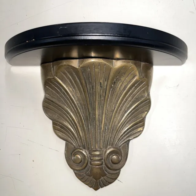 Cast Brass & Wood Ornate Wall Sconce Shelf w Plate Holder Slot Clam Shell Scroll