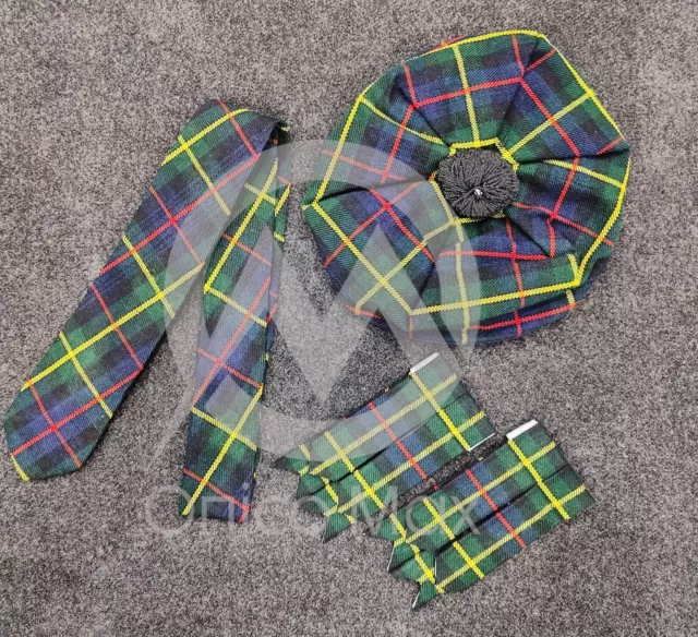 Scottish Tam O Shanter Hat Traditional Acrylic Tam Hat Tartan Kilt Flashes & Tie