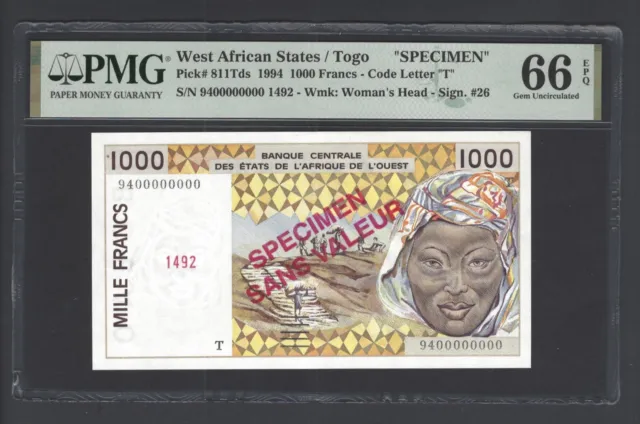 West African State /Togo 1000 Francs 1994 P811ds Specimen UNC Graded 66 Top Pop