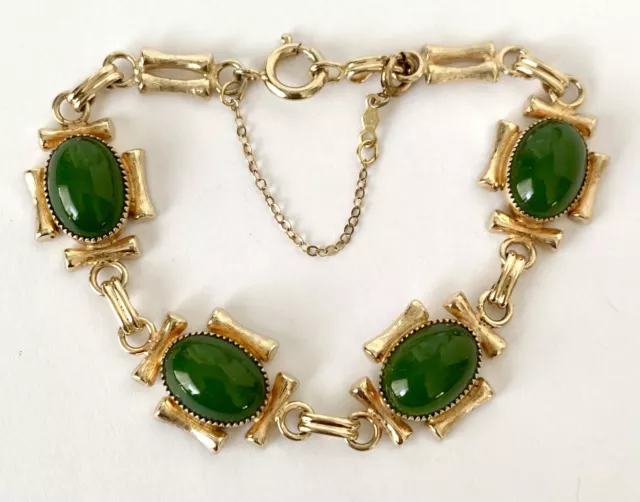 Vintage Green Jade Glass Oval Cabochon 12K Gold Filled 7 1/2” Bamboo Bracelet