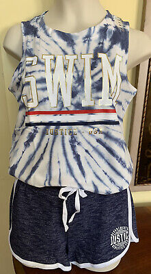 Nwt  Justice Girls Swim Tie Dye Tank Top & Navy Blue Stripe Shorts Set Size 10