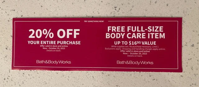 Bath & Body Works Coupon 20% Purchase & Full Size Body Care Item Exp 10/29
