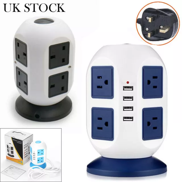 8 Way Switched Surge Protected Tower Extension Lead UK Mains Plug Socket 4 USB