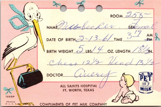 Ft Worth Tx All Saints Hospital Birth Card Hospital Stork Dr Bag Pet Milk Brand