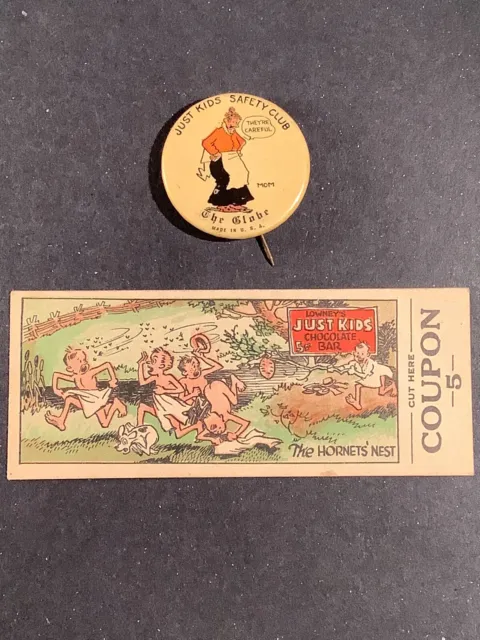 Lowney’s 1930’s “ Just Kids “ Chocolate Bar Coupons and Button ( Montreal )