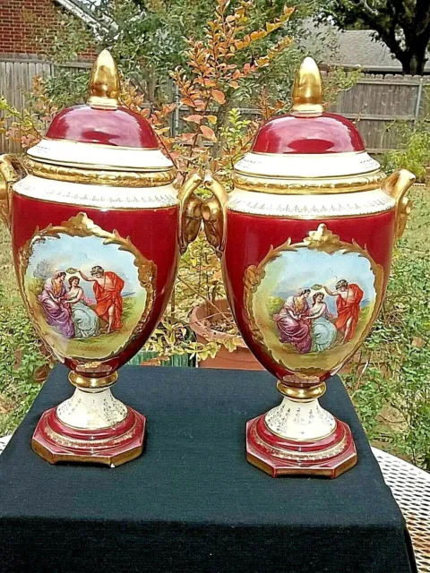 Pr 16" Czechoslovakia Covered Urn Vase Ewer  Courting Couple Rams Head Handles