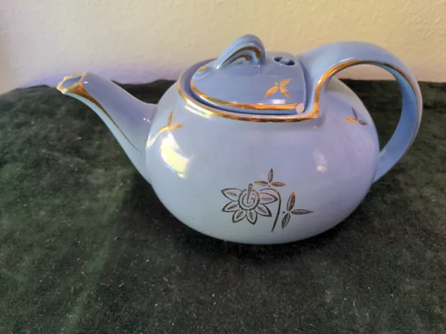 Vintage Hall Teapot #0749, in Cadet Blue, Gold Trim, Hook Lid, 6 Cup