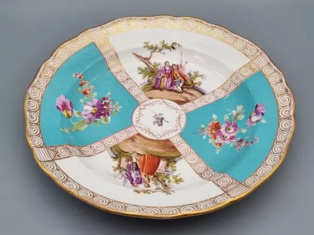 Meissen Porzellan Teller, antik, Watteau Malerei, Blumen, Knaufzeit, türkiser F.