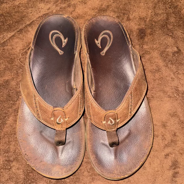 Olukai Nui-M Men Size 9 Brown Leather Espresso Slip On Flip Flops Sandals Shoes