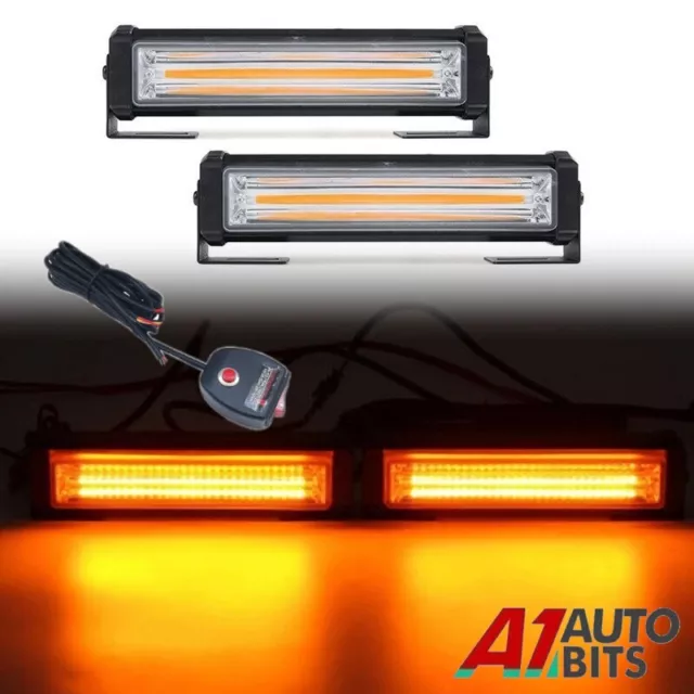 2X Cob Led Front Grille Emergency Warning Strobe Flashing Amber Light Lamp Bar