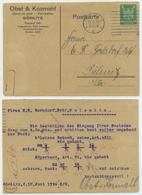 75767 - Postkarte Obst & Kosmahl, Garne - Görlitz 10.6.1926 nach Pulsnitz