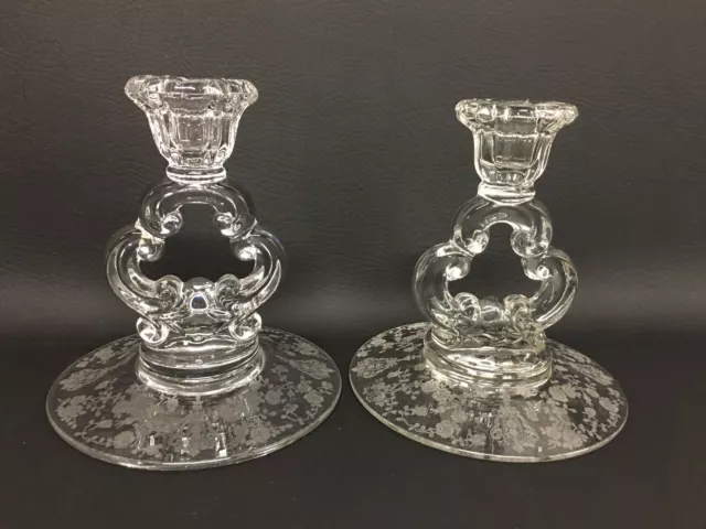 A Pair of Elegant Cambridge Rose Point Keyhole Single Lite Candlesticks