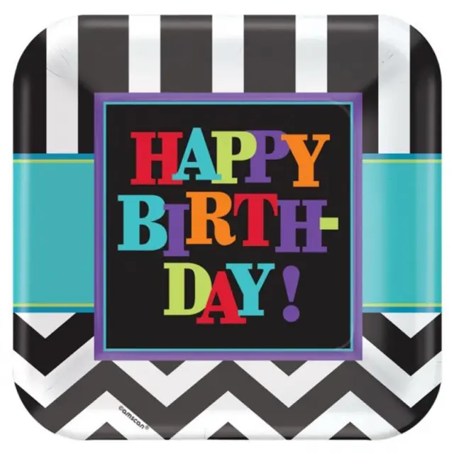 Celebration Square Paper Plates Happy Birthday 23cm - pk8