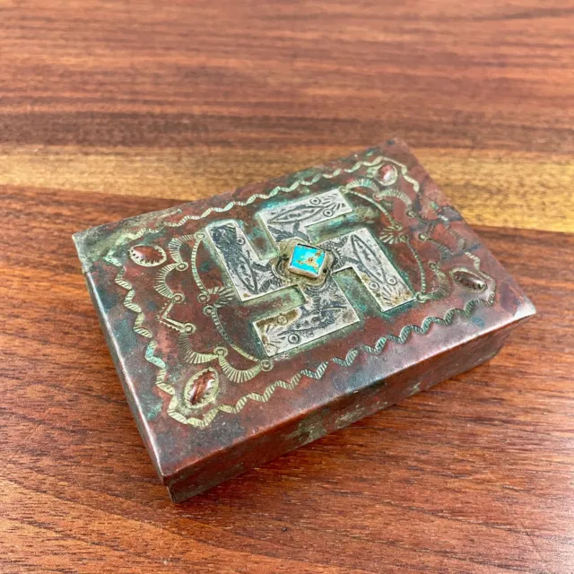 Old Pawn Native American Copper & Sterling Box Turquoise Whirling Logs